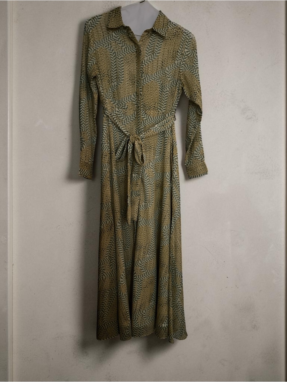 Tie-Waist Maxi Shirt Dress in Olive Green Print